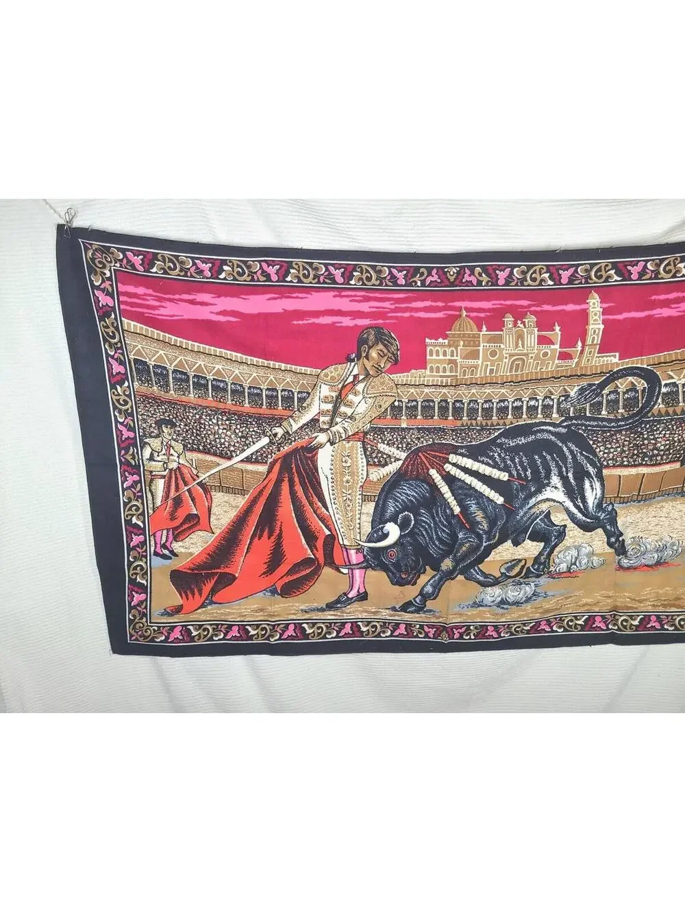 Vtg Velvet Tapestry Matador Cotton Wall Art 35x58” Retro Rug 1970s Spain Bull